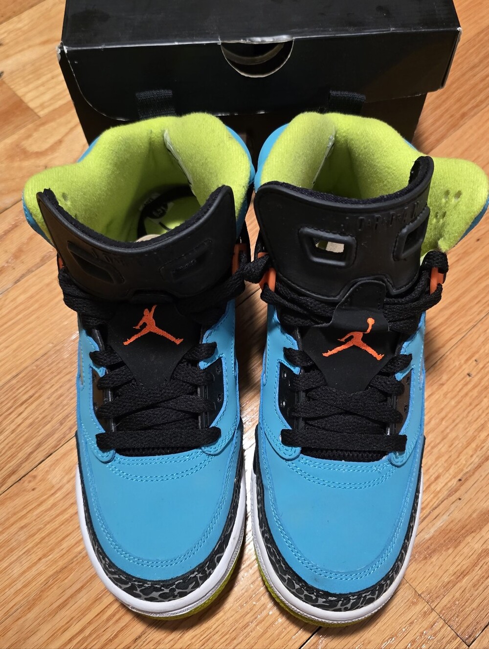 Youth Jordan Sneakers - Neon Green and Teal Outsoles